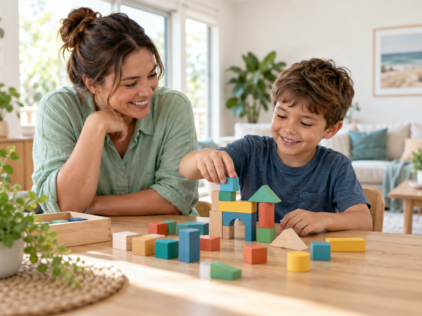 Illustrative scene of a child and adult enjoying a wooden block activity together